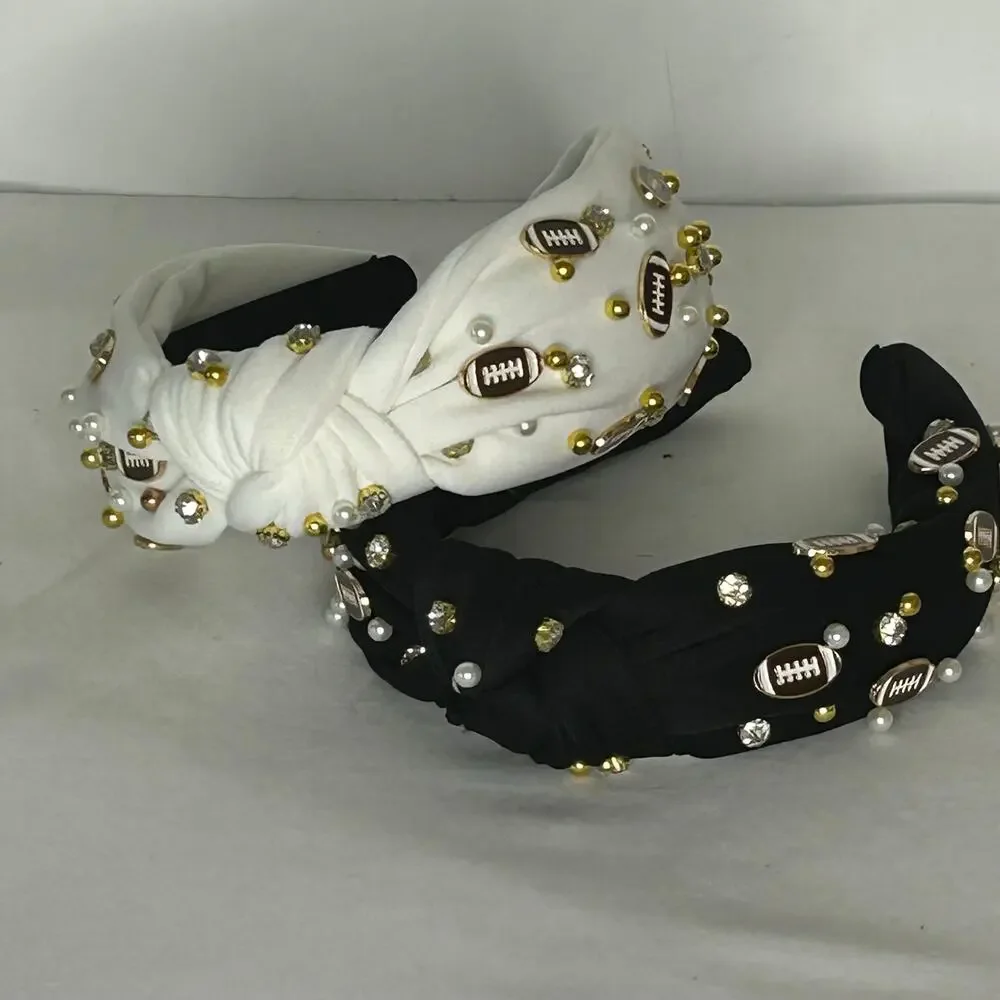 Handmade Lot of 2 Football Jeweled Knot Headbands Black White Gold Game Day